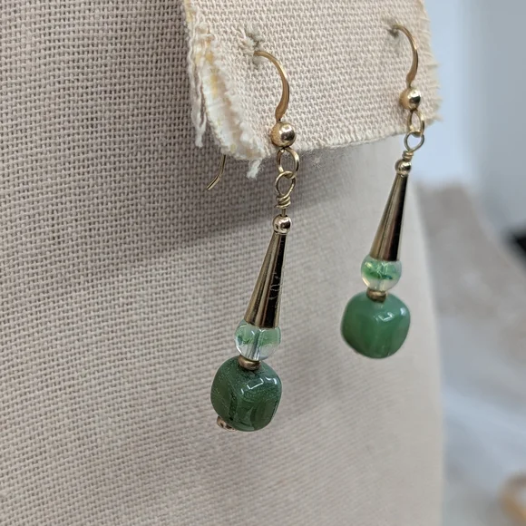 Vintage Handmade Green Glass Dangle Earrings | Boho Drop Style | Lightweight - Picture 11 of 14